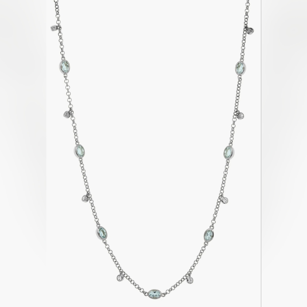 NWT Genuine Aquamarine Birthstone 18" Sterling Silver Station Necklace